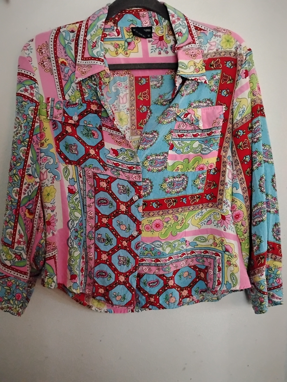 Boston Proper Multicolored Patchwork Button-Down Shirt 100% Silk Size Large 12